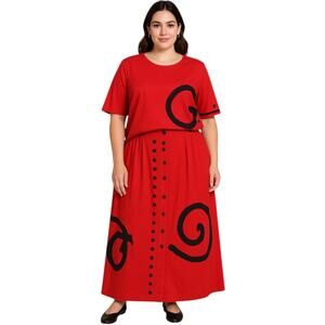 Casien Swinger Bold Red And Black Graphic Blouse & Skirt Set, Size Medium